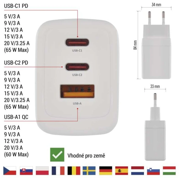 Emos Universal USB adapter GaN to PD 65 W max.