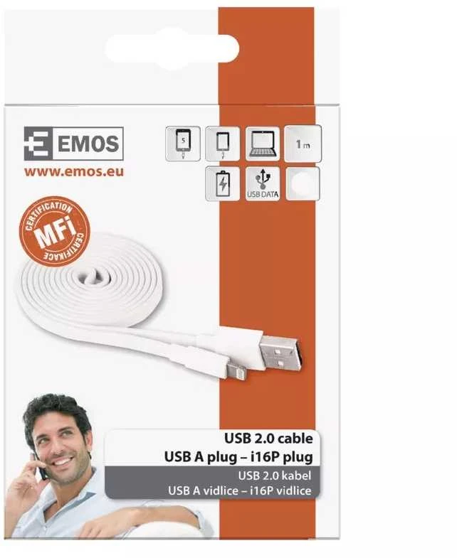 Emos USB-A 2.0 / Lightning MFi charging/data cable, 1 m, baltas