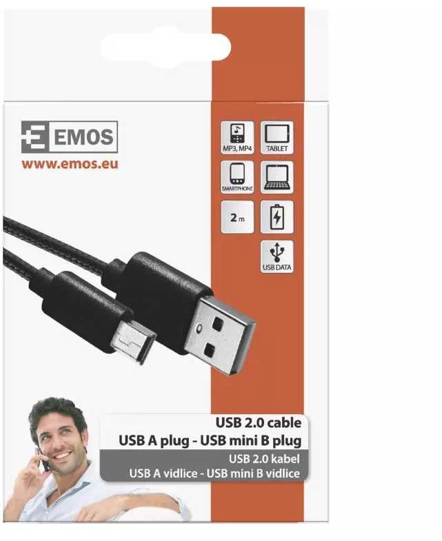 Emos USB-A 2.0 / mini USB-B 2.0 charging/data cable, 2m, juodas