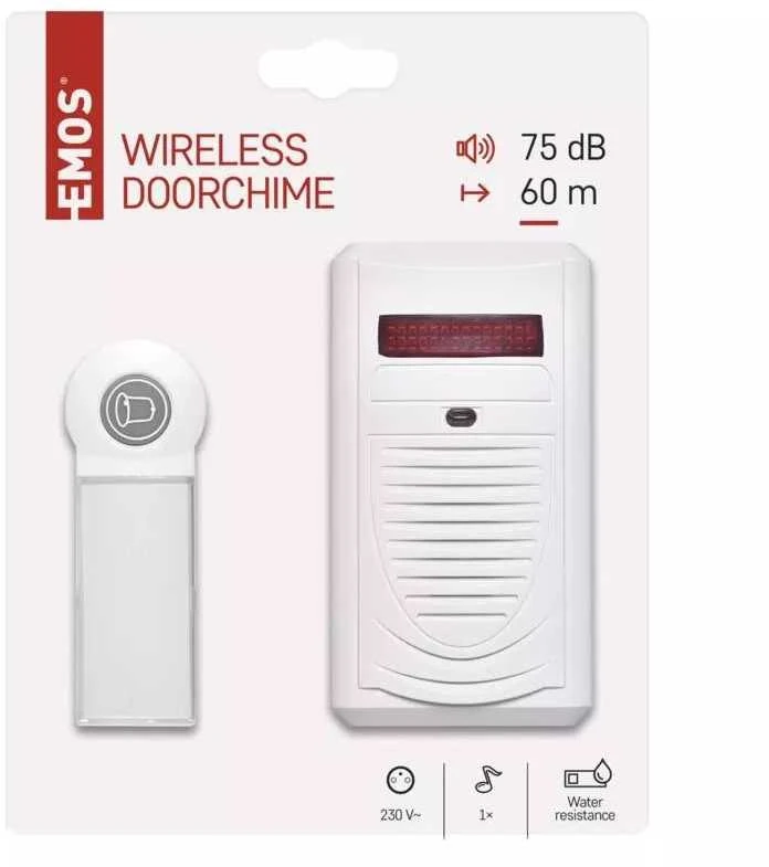 1 melodijos belaidis skambutis su mygtuku Emos 230V/60m baltas