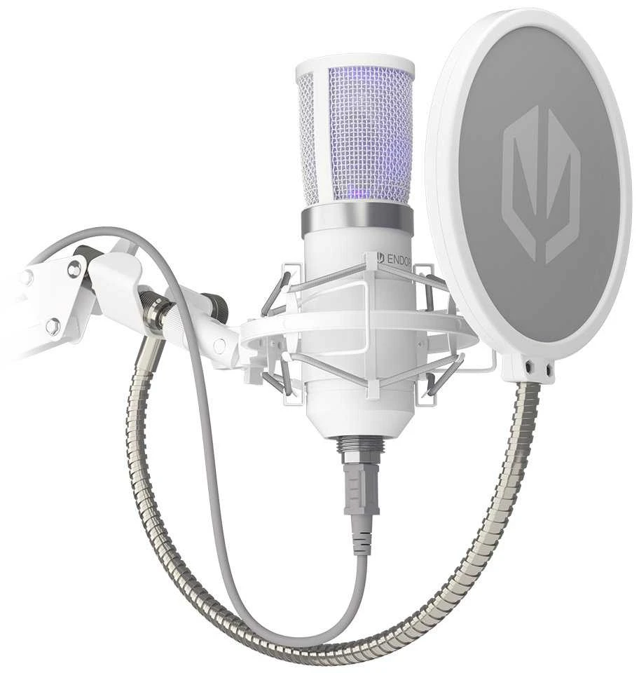Endorfy Solum Streaming baltas kondensatorinis mikrofonas su laidu + laikiklis | USB