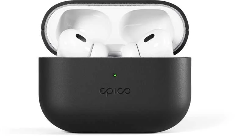 Juodas odinis AirPods Pro dėklas su ausinėmis