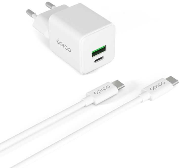 „Epico UltraBoost EA20“ 20 W „GaN Power“ greitasis įkroviklis + 1,2 m USB-C laidas - baltas