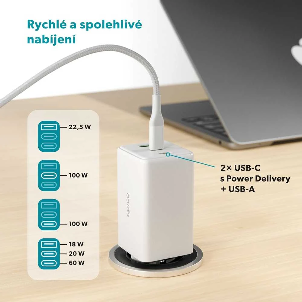 Epico UltraBoost GaN 100W galios greitasis įkroviklis EA100 + 1,2 m USB-C laidas - baltas