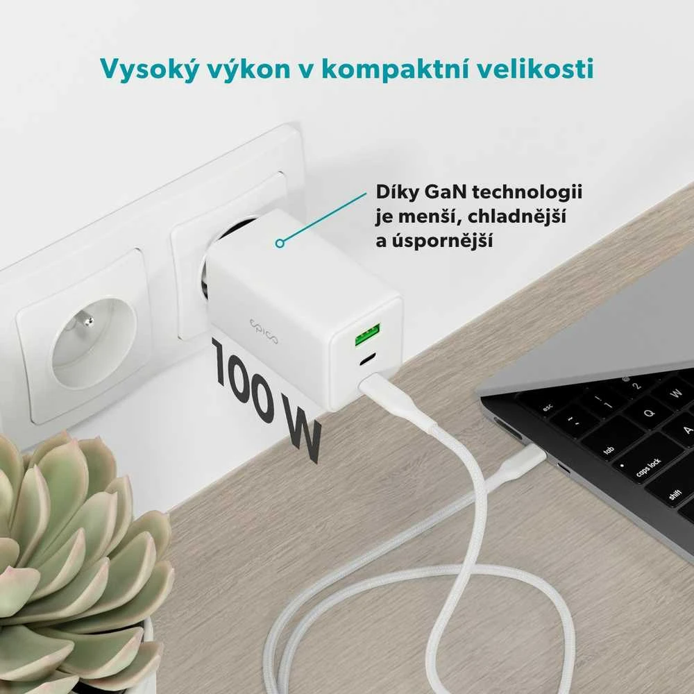 Epico UltraBoost GaN 100W galios greitasis įkroviklis EA100 + 1,2 m USB-C laidas - baltas