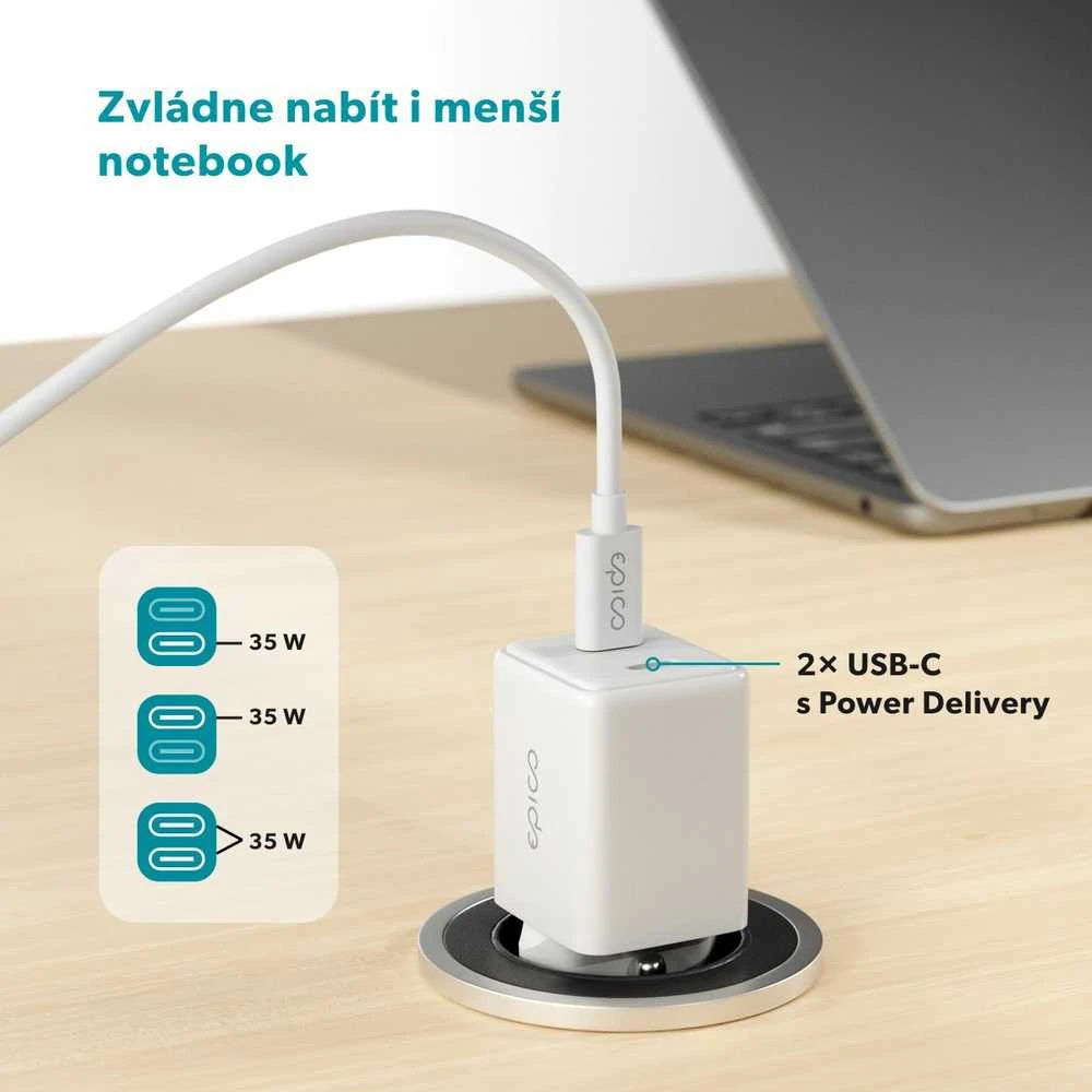 Epico UltraBoost GaN 35W galios greitasis įkroviklis EA35 + 1,2 m USB-C laidas - baltas