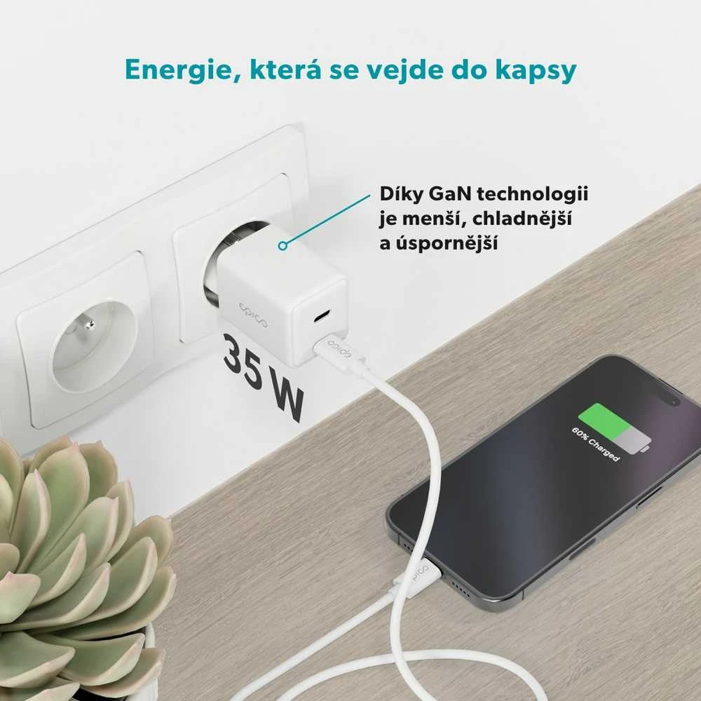 Epico UltraBoost GaN 35W galios greitasis įkroviklis EA35 + 1,2 m USB-C laidas - baltas
