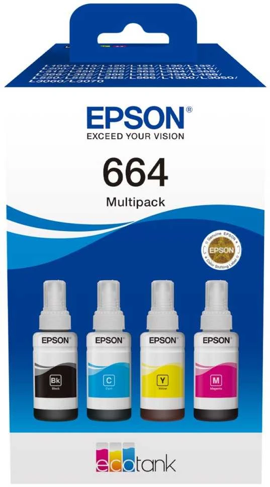 Epson 664 EcoTank 4 spalvų sudėtinė pakuotė | Epson C13T66464A | 664 EcoTank 4 spalvų sudėtinė pakuotė | Rašalo talpykla | Juodas, geltona, žalsvai mėlyna, purpurinė