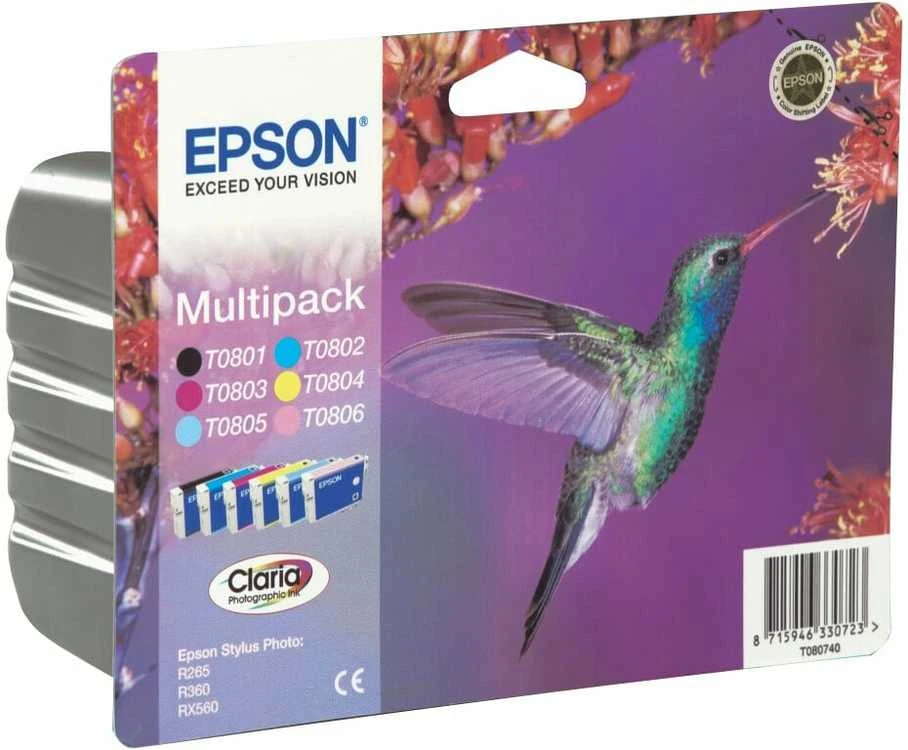 Epson Multipack 6 spalvų T0807 Claria fotografijos rašalo kasetė, Juodas, žydra, šviesiai žalsvai mėlyna, rausvai raudona, šviesiai purpurinė, geltona