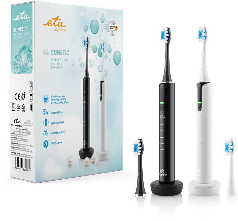 Dantų šepetėlis ETA Set of Electric Toothbrushes | ETA270990000 Sonetic | Įkraunamas | Suaugusiems | Šepetėlių skaičius galvutės įeina 4 | Number of teeth brushing modes 5 | Juodas/Baltas