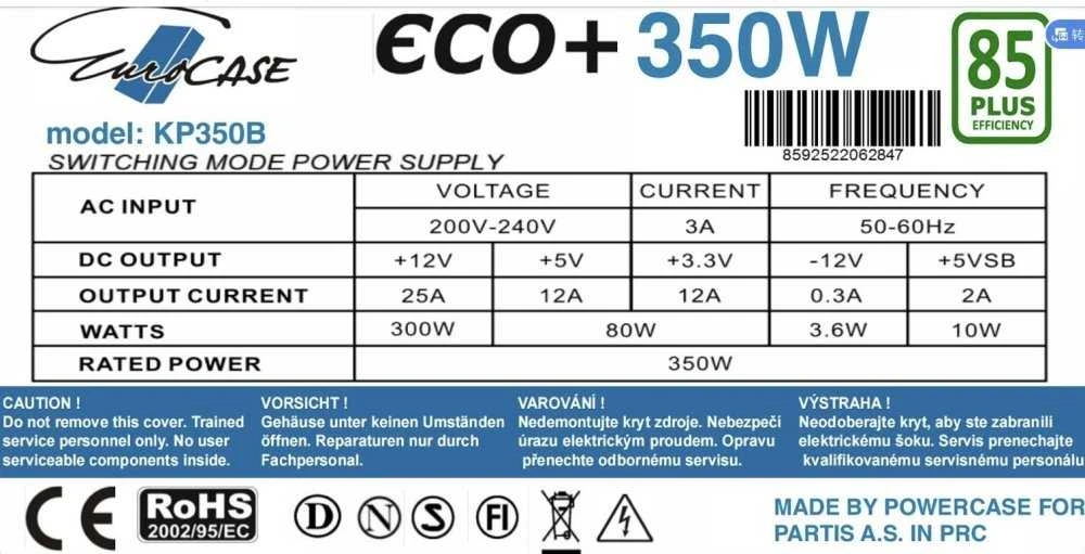 Maitinimo šaltinis EuroCase Maitinimo šaltinis 350W Eco* 120mm, 85+ Bronze