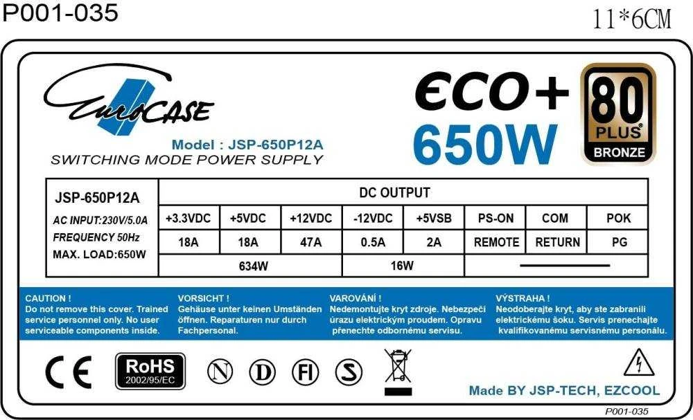 EUROCASE zdroj 650W Eco+, 120mm, 80+ bronza, ATX