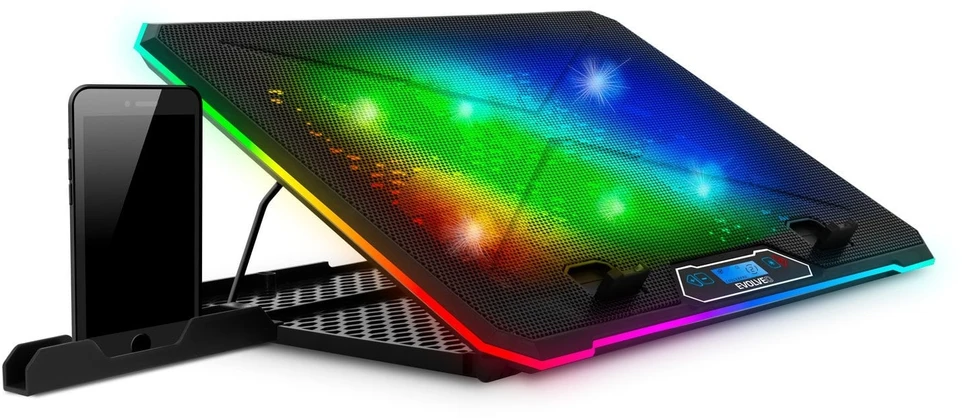 „Evolveo Ania 9RGB“ aušinimo kilimėlis, nešiojamojo kompiuterio aušinimo kilimėlis, 6 ventiliatoriai, RGB ventiliatoriai ir grandinės keitiklis