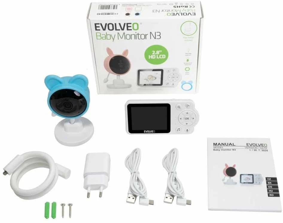 Niania Evolveo Baby Monitorius N3, LCD displej, IR přísvit, modrá