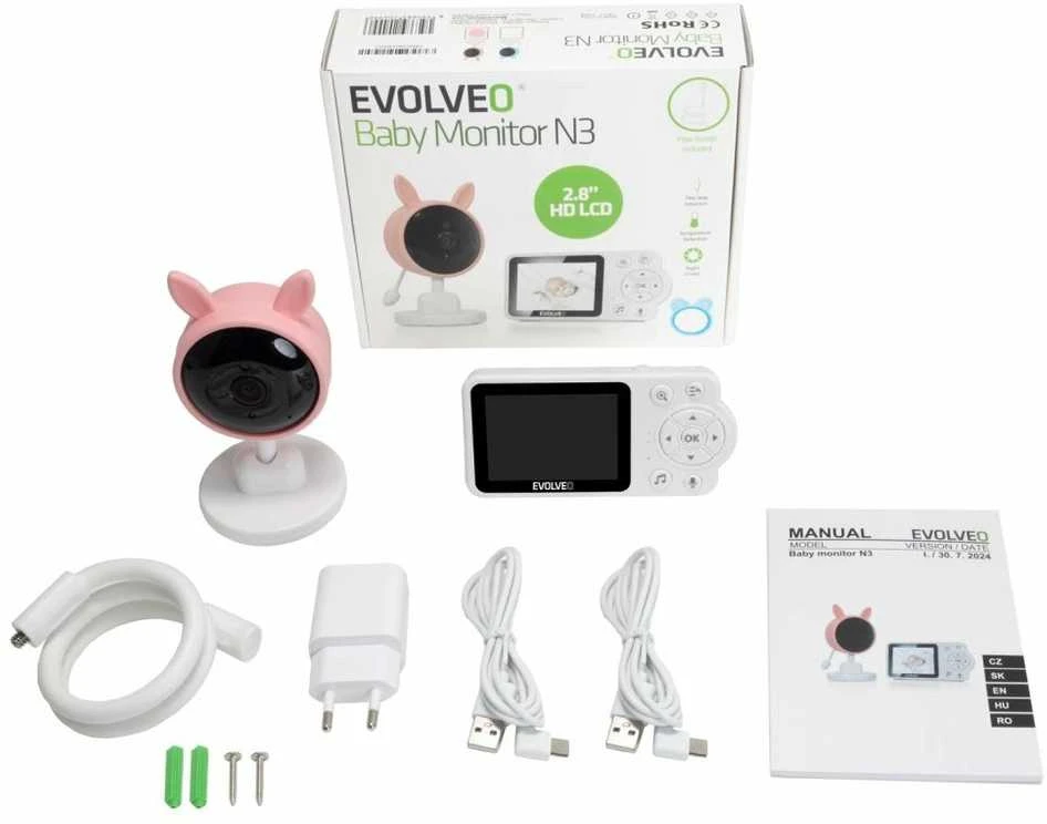 Niania Evolveo Baby Monitorius N3, LCD ekranas, IR apšvietimas, rožinis