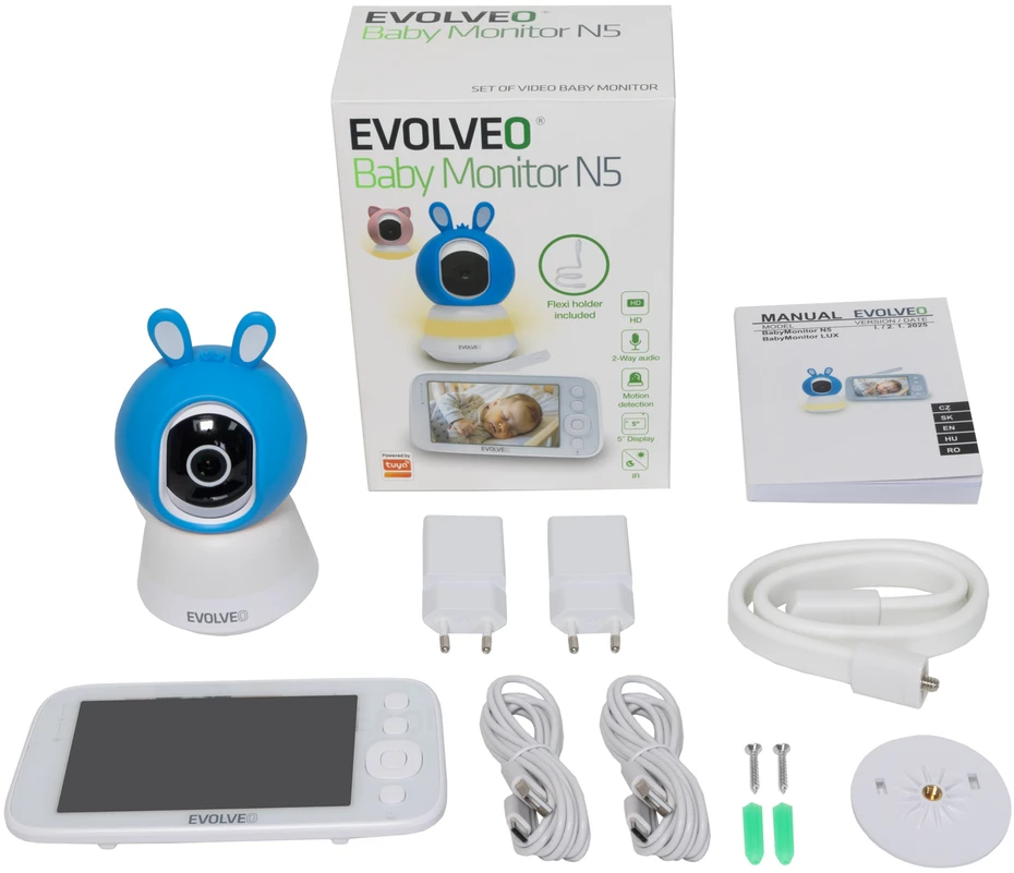 „EVOLVEO Baby Monitorius N5“, vaizdo kūdikių stebėjimo rinkinys su 360° stebėjimu, dvipusiu ryšiu ir lopšinėmis, mėlynas