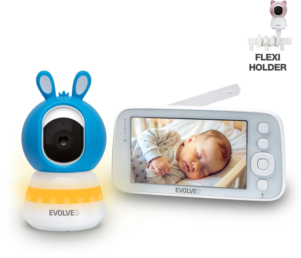 „EVOLVEO Baby Monitorius N5“, vaizdo kūdikių stebėjimo rinkinys su 360° stebėjimu, dvipusiu ryšiu ir lopšinėmis, mėlynas