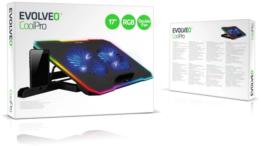 EVOLVEO CoolPro, nešiojamojo kompiuterio aušinimo kilimėlis, 2 ventiliatoriai, RGB foninis apšvietimas, juodas