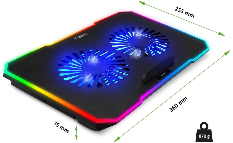 EVOLVEO CoolPro, nešiojamojo kompiuterio aušinimo kilimėlis, 2 ventiliatoriai, RGB foninis apšvietimas, juodas