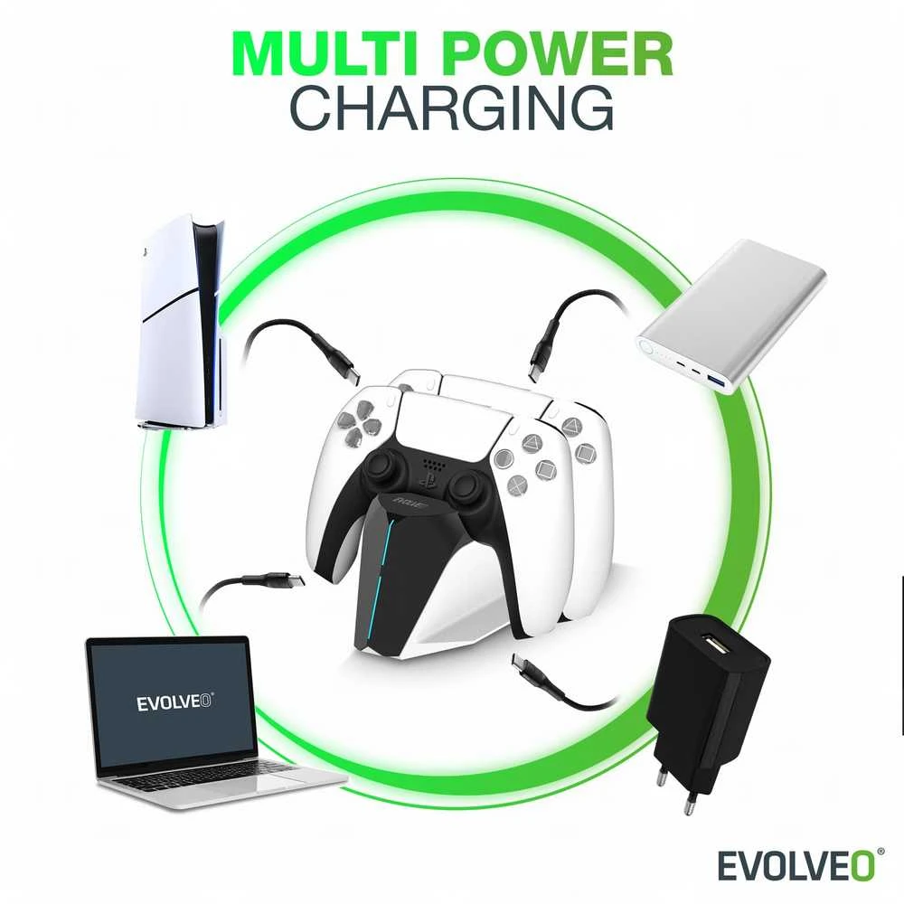 „EVOLVEO DockCharge“, įkrovimo bazė ir stovas dviem PS5 valdikliams