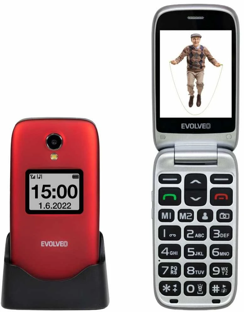 Mobilusis telefonas Evolveo EasyPhone FS, vyklápěcí mobilní telefon 2.8'' pro seniory s nabíjecím stojánkem (raudona barva)