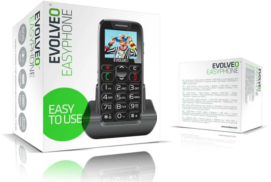 EVOLVEO EasyPhone, mobilusis telefonas senjorams su įkrovimo stovu, juodas