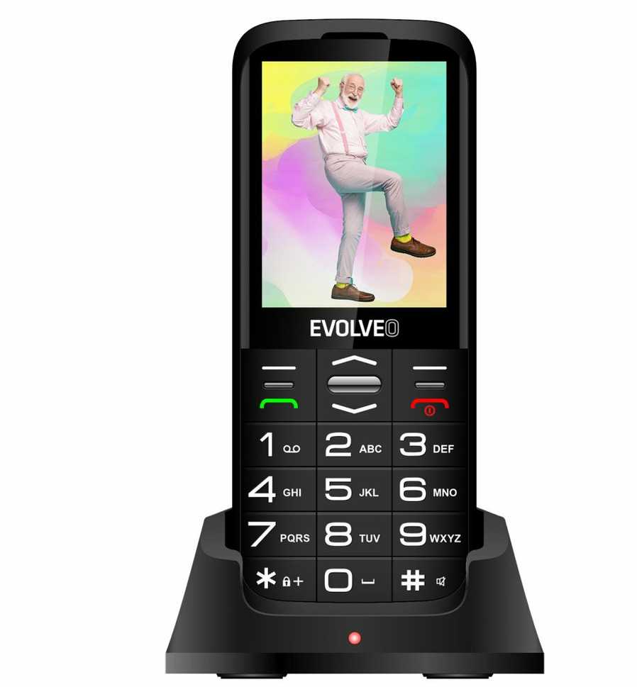 Mobilusis telefonas „Evolveo EasyPhone XO“, senjorams skirtas mobilusis telefonas su įkrovimo stovu, juodas