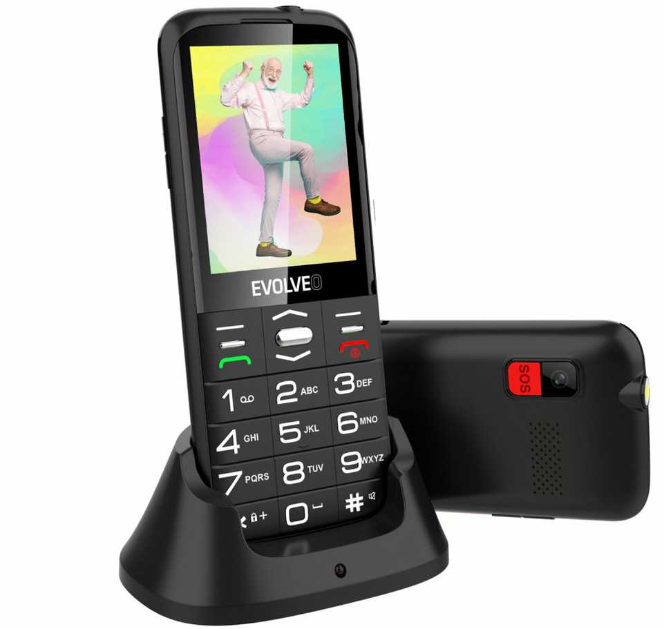 Mobilusis telefonas „Evolveo EasyPhone XO“, senjorams skirtas mobilusis telefonas su įkrovimo stovu, juodas