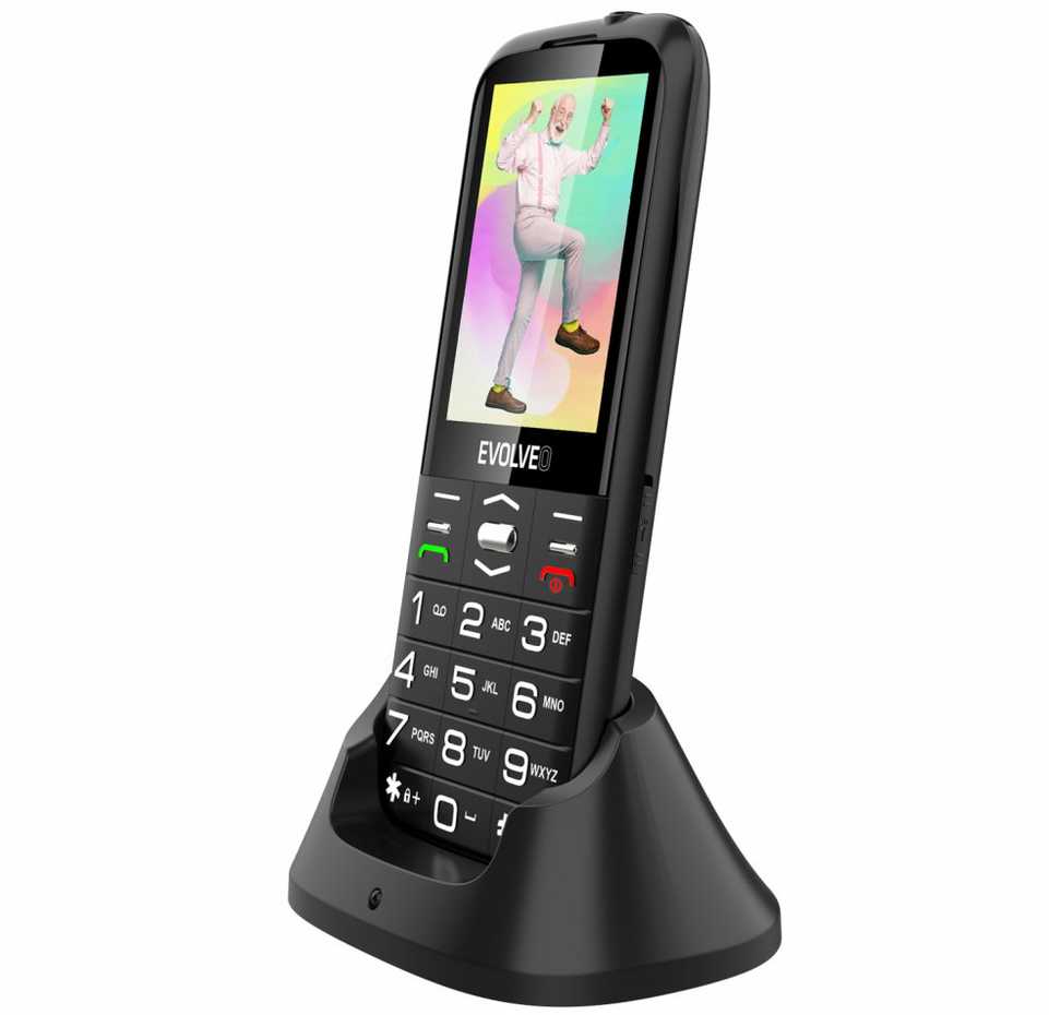 Mobilusis telefonas „Evolveo EasyPhone XO“, senjorams skirtas mobilusis telefonas su įkrovimo stovu, juodas