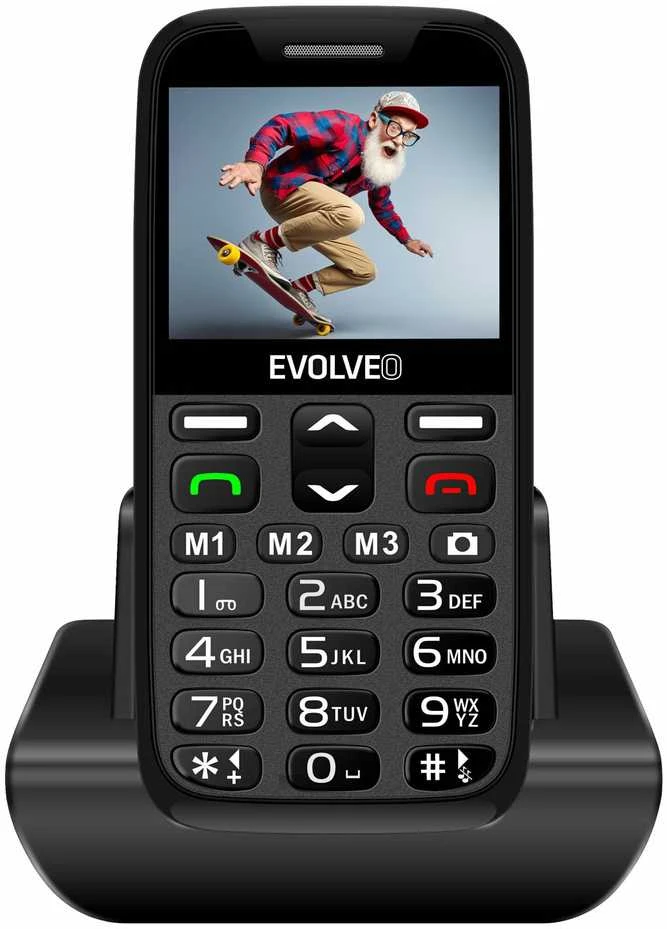 „Evolveo EasyPhone XR“ mobilusis telefonas senjorams su juodu įkrovikliu