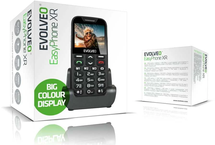 „Evolveo EasyPhone XR“ mobilusis telefonas senjorams su juodu įkrovikliu