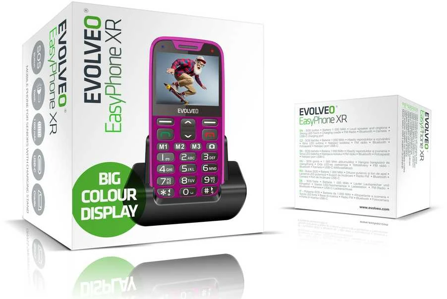 EVOLVEO EasyPhone XR, mobilusis telefonas senjorams su įkrovimo stovu, rožinė