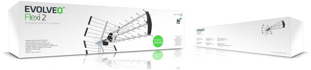 „Evolveo Flexi 2“ antena, 5G filtras, 10 m kabelis, IEC/F adapteris, pasyvi lauko DVB-T/T2 antena, išplečiama stiprintuvu