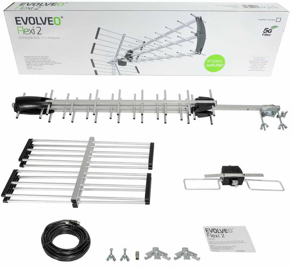 „Evolveo Flexi 2“ antena, 5G filtras, 10 m kabelis, IEC/F adapteris, pasyvi lauko DVB-T/T2 antena, išplečiama stiprintuvu