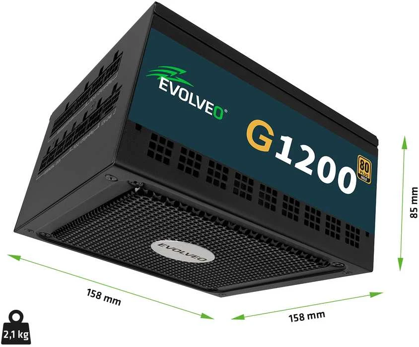 EVOLVEO G1200, 1200 W maitinimo šaltinis, 80+ GOLD, ATX 3.1, aPFC, 140 mm ventiliatorius, pilnai modulinis, 3 metų garantija, juodas