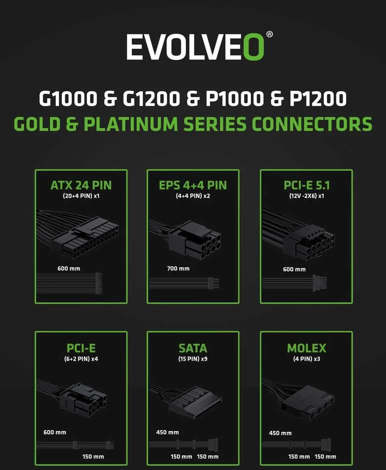 EVOLVEO G1200, 1200 W maitinimo šaltinis, 80+ GOLD, ATX 3.1, aPFC, 140 mm ventiliatorius, pilnai modulinis, 3 metų garantija, juodas