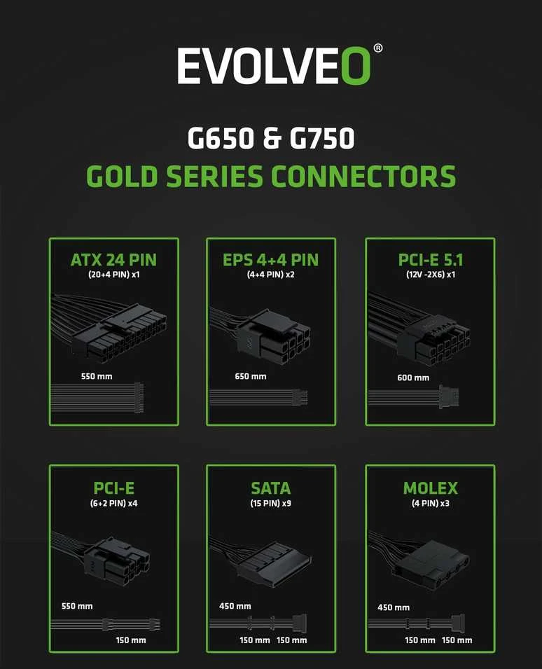 EVOLVEO G650 maitinimo šaltinis 650 W, 80+ GOLD, ATX 3.1, aPFC, 140 mm ventiliatorius