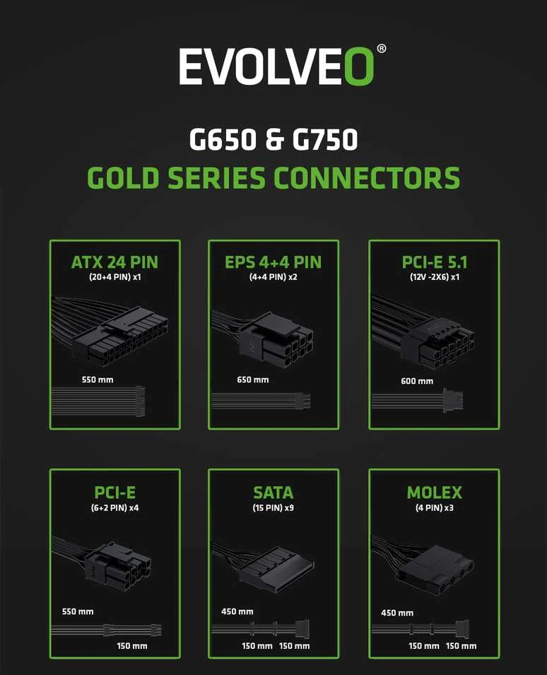 Maitinimo šaltinis Evolveo G650 650W 80 GOLD ATX 3.1 Baltas (G650-WH)