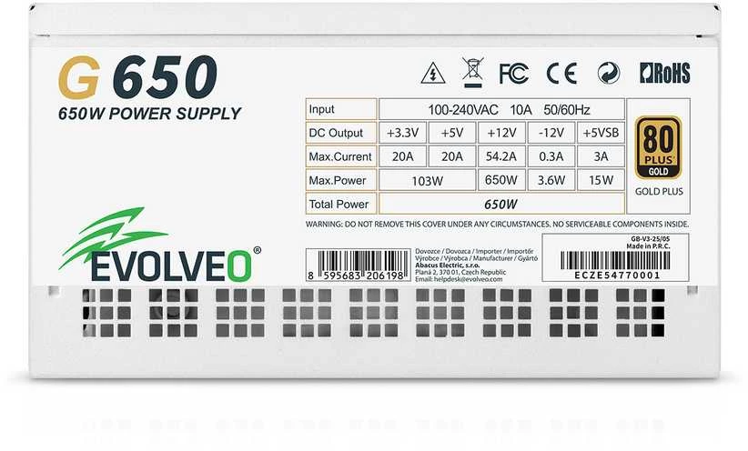 Maitinimo šaltinis Evolveo G650 650W 80 GOLD ATX 3.1 Baltas (G650-WH)