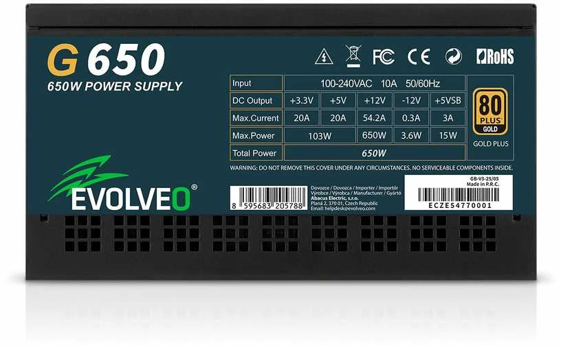 EVOLVEO G650 maitinimo šaltinis 650 W, 80+ GOLD, ATX 3.1, aPFC, 140 mm ventiliatorius