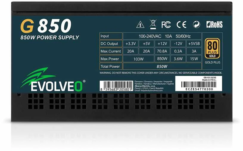 Montech EVOLVEO G850, 850 W maitinimo šaltinis, 80+ GOLD, ATX 3.1, aPFC, 140 mm ventiliatorius, pilnai modulinis, 3 metų garantija, juodas