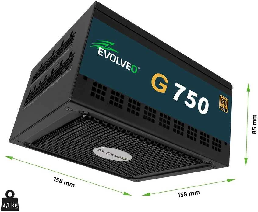 Montech EVOLVEO G850, 850 W maitinimo šaltinis, 80+ GOLD, ATX 3.1, aPFC, 140 mm ventiliatorius, pilnai modulinis, 3 metų garantija, juodas