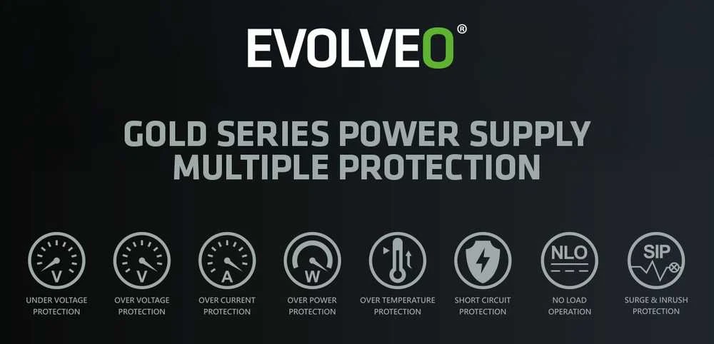 Montech EVOLVEO G850, 850 W maitinimo šaltinis, 80+ GOLD, ATX 3.1, aPFC, 140 mm ventiliatorius, pilnai modulinis, 3 metų garantija, juodas