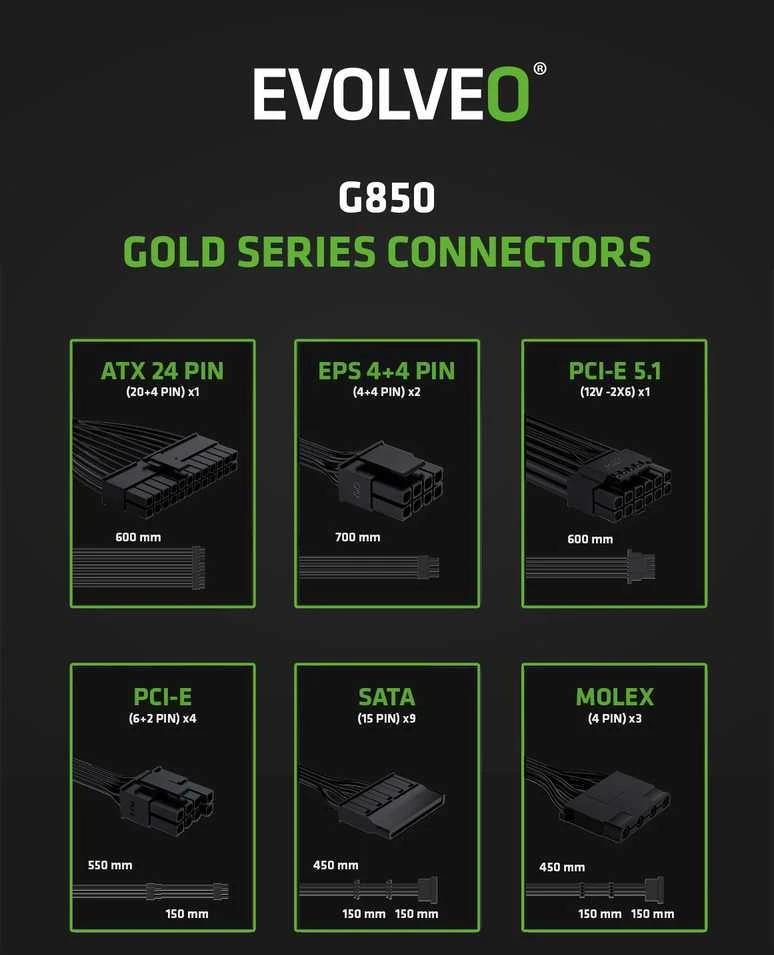 Maitinimo šaltinis Evolveo G850 850W 80 GOLD ATX 3.1 (G850-WH)