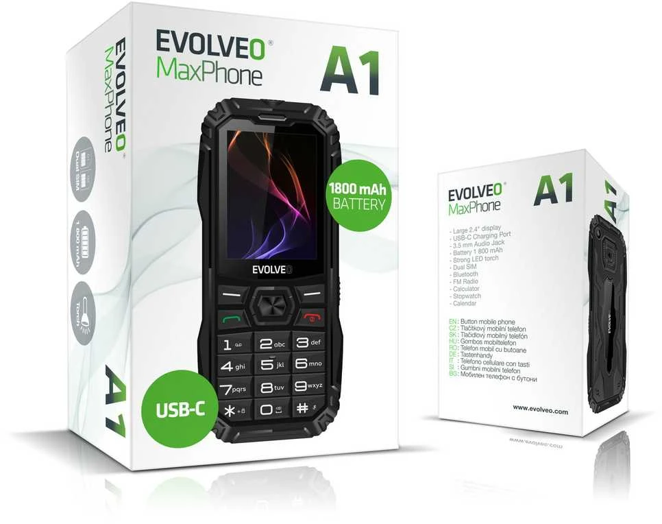 „EVOLVEO MaxPhone A1“, mygtukinis dviejų SIM kortelių telefonas, juodas