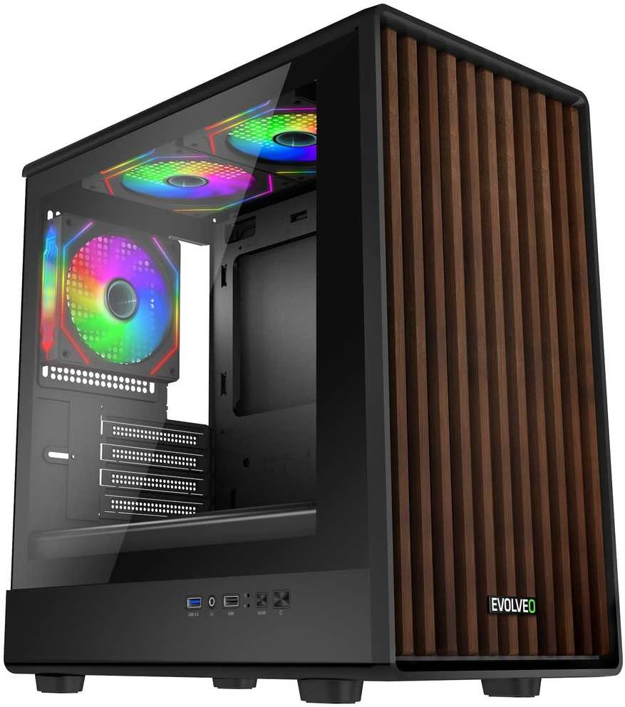 „EVOLVEO Panthera“, mATX korpusas, 3x ARGB 120 mm ventiliatoriai, medinis priekinis skydelis + stiklinis šoninis skydelis