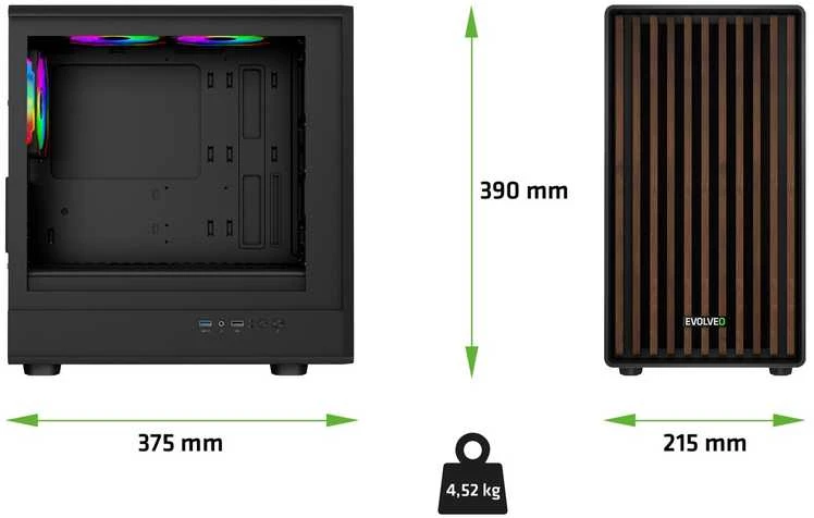 „EVOLVEO Panthera“, mATX korpusas, 3x ARGB 120 mm ventiliatoriai, medinis priekinis skydelis + stiklinis šoninis skydelis