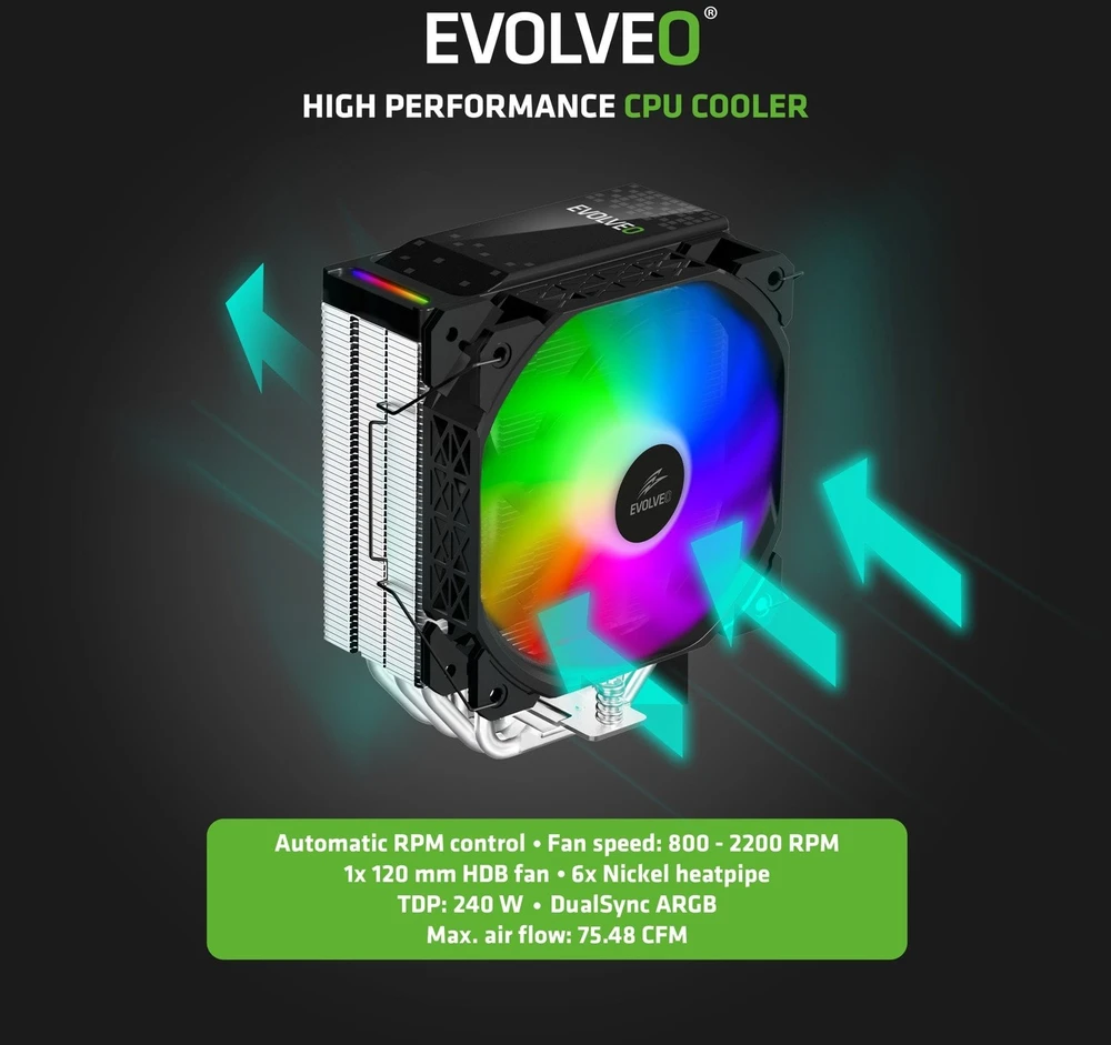 EVOLVEO QuietCool5, procesoriaus aušintuvas, 6 šilumos vamzdeliai, juodas