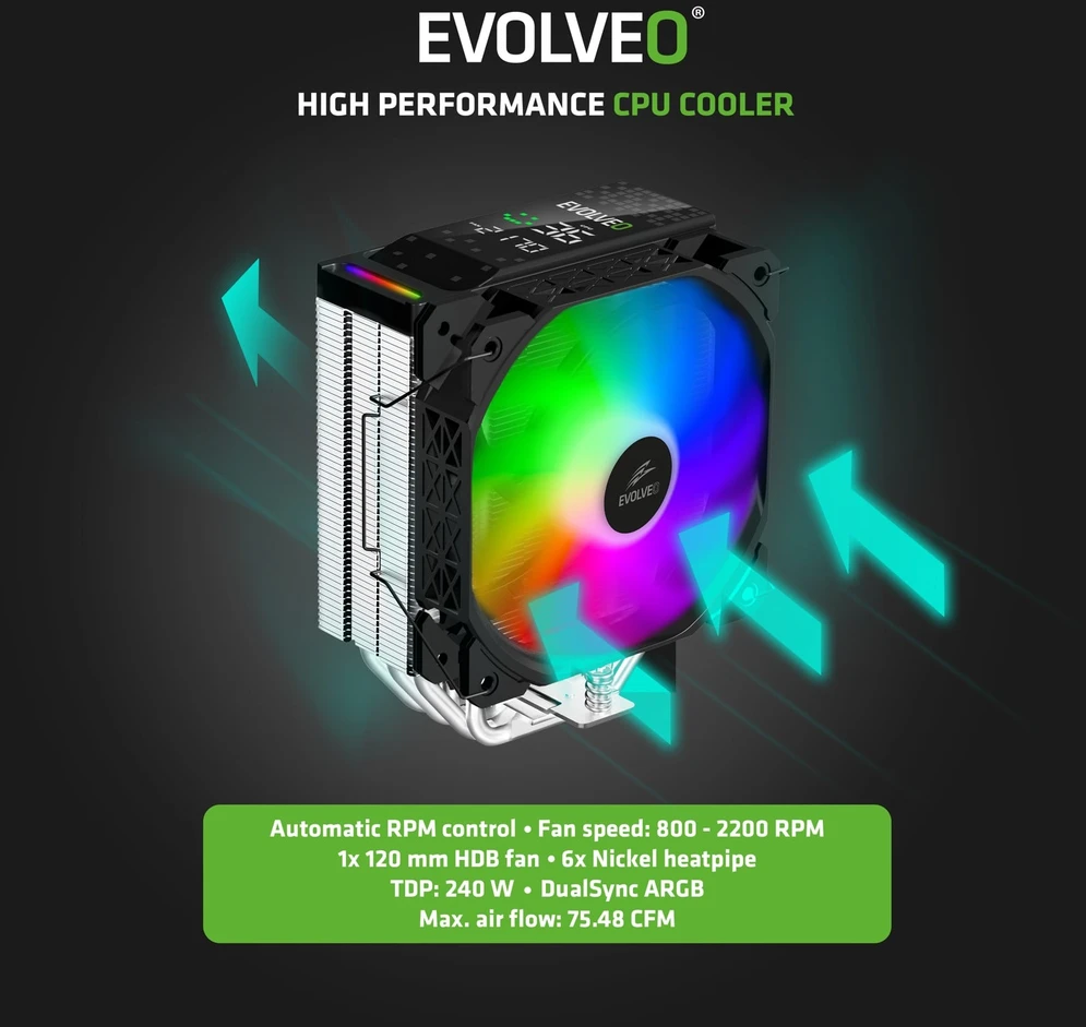 EVOLVEO QuietCool7, procesoriaus aušintuvas su skaitmeniniu ekranu, 6 šilumos vamzdeliais, juodas