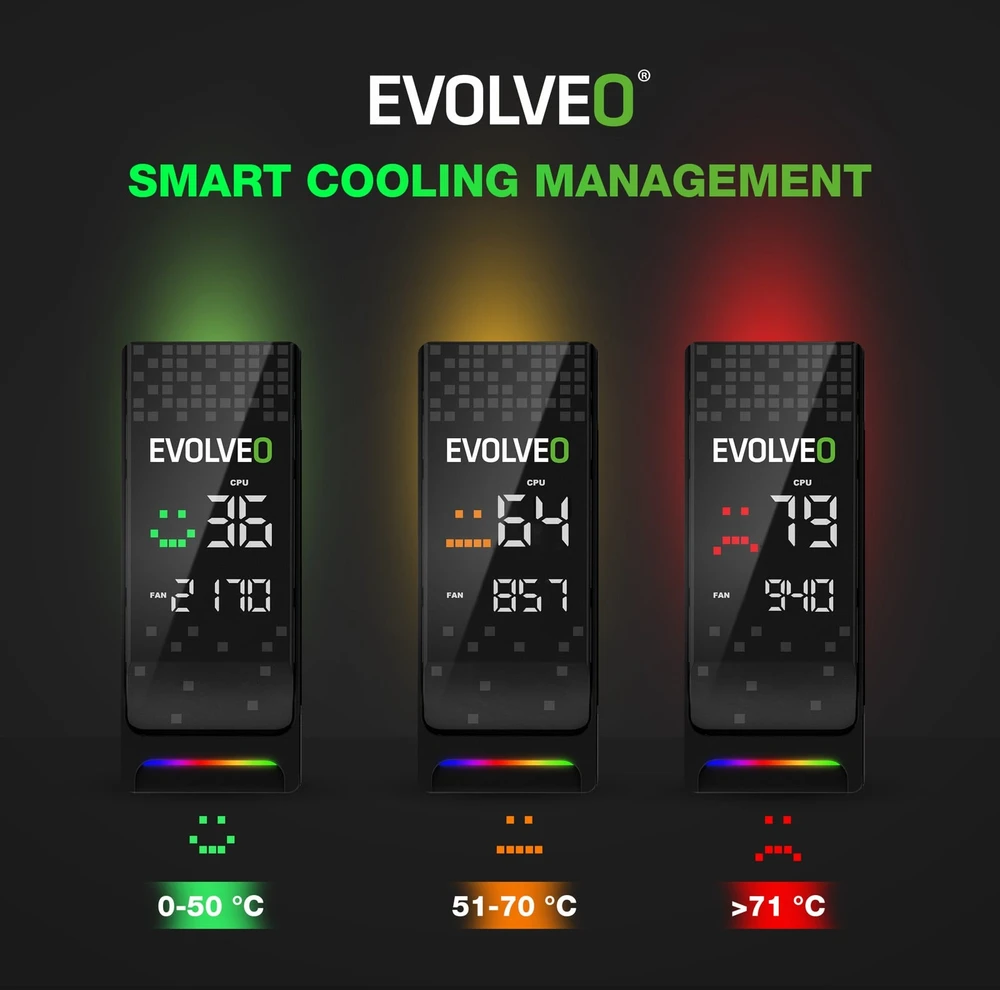 EVOLVEO QuietCool7, procesoriaus aušintuvas su skaitmeniniu ekranu, 6 šilumos vamzdeliais, juodas
